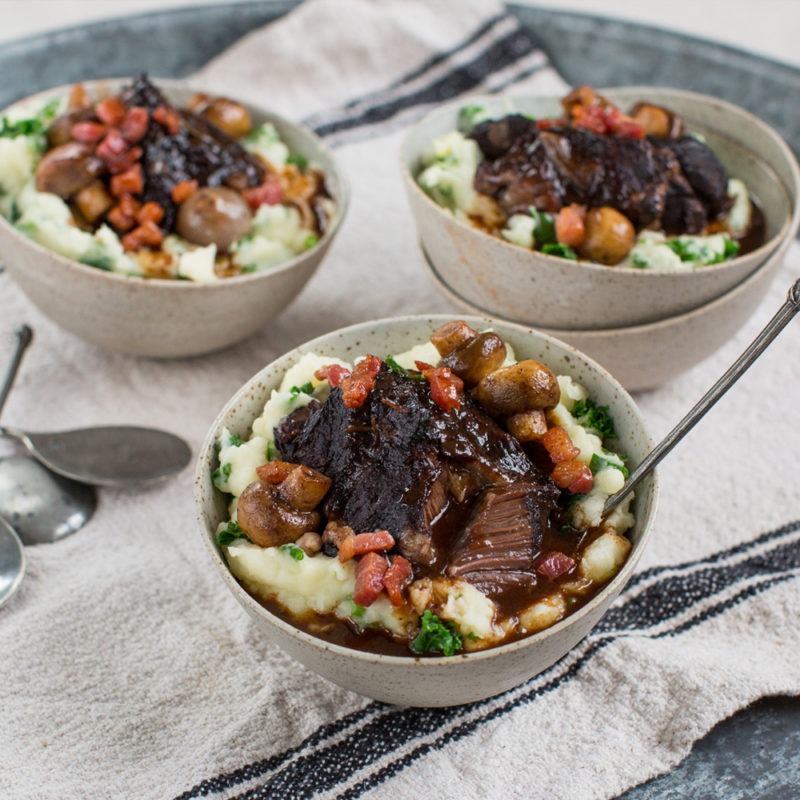 Braised Hereford beef cheeks bourguignon style with colcannon creamed potato