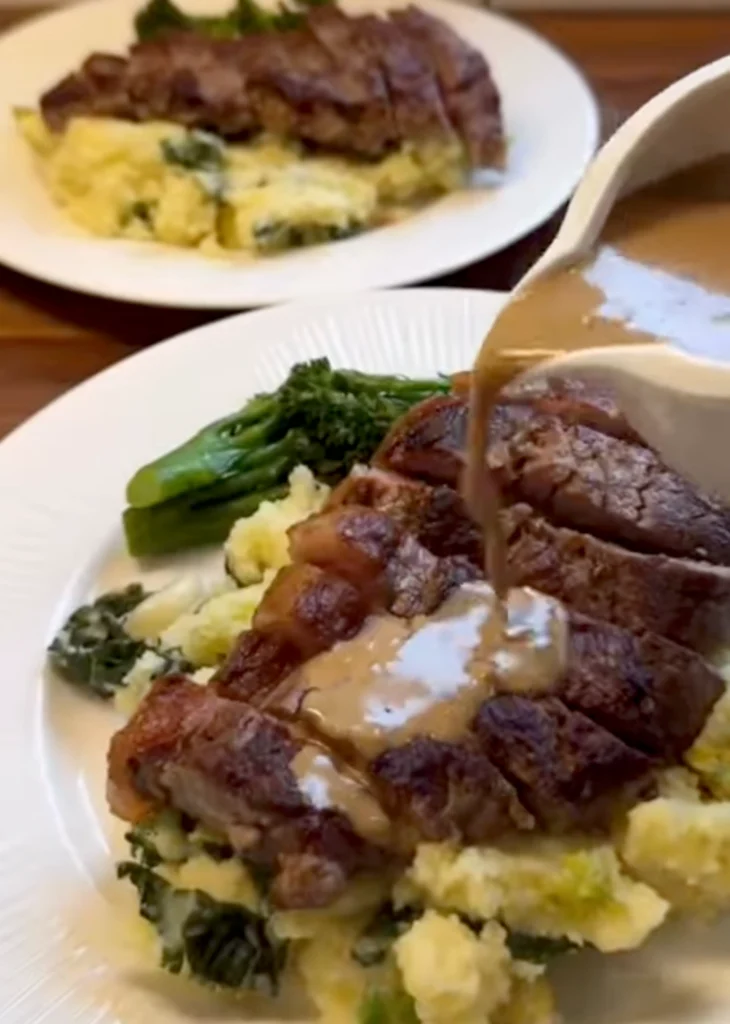 Striploin Steak with Colcannon and Garlic Broccoli